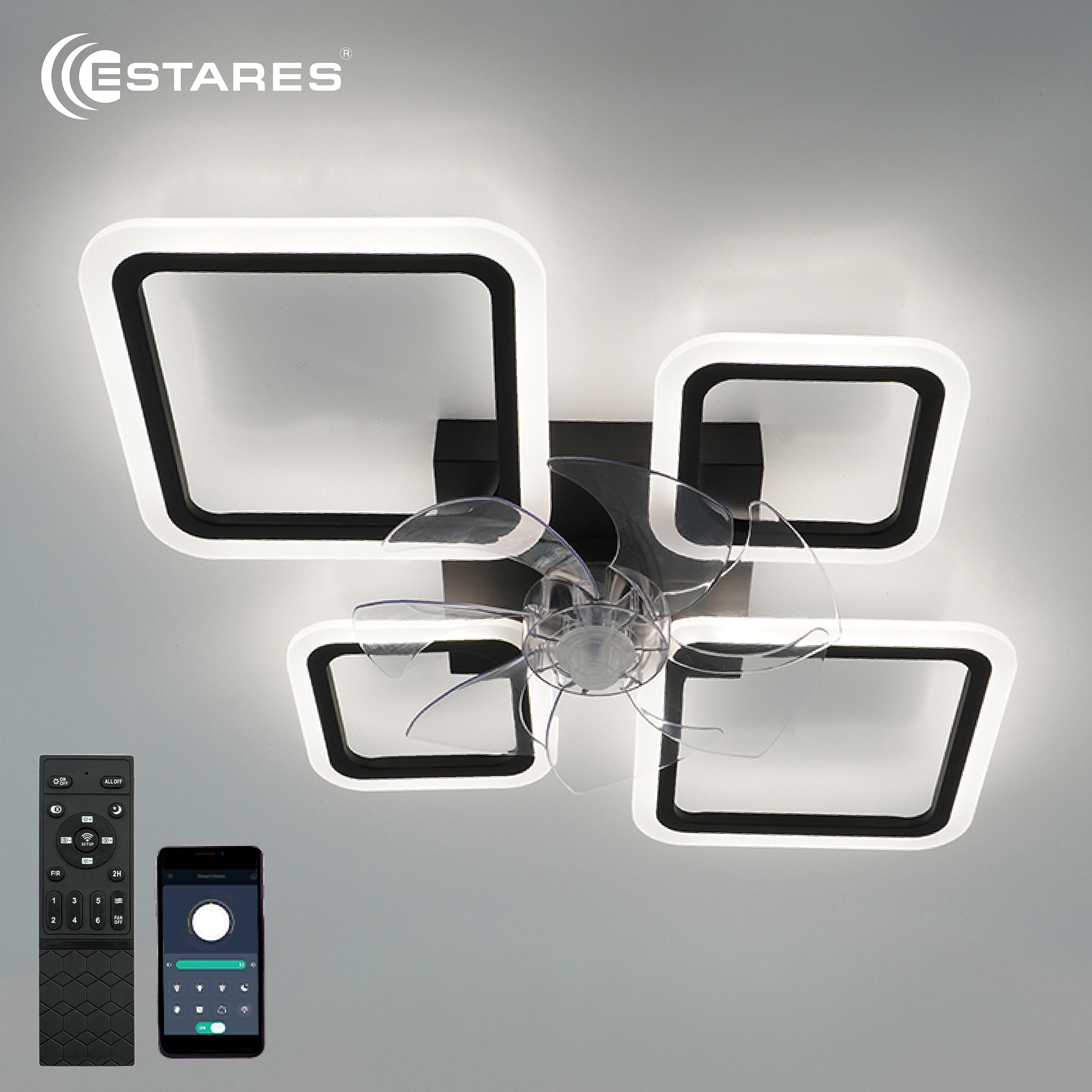 Управляемая светодиодная люстра с вент. FAN OVAL 70W+18W 4S-APP-760x560x120-BLACK/WHITE-220-IP20