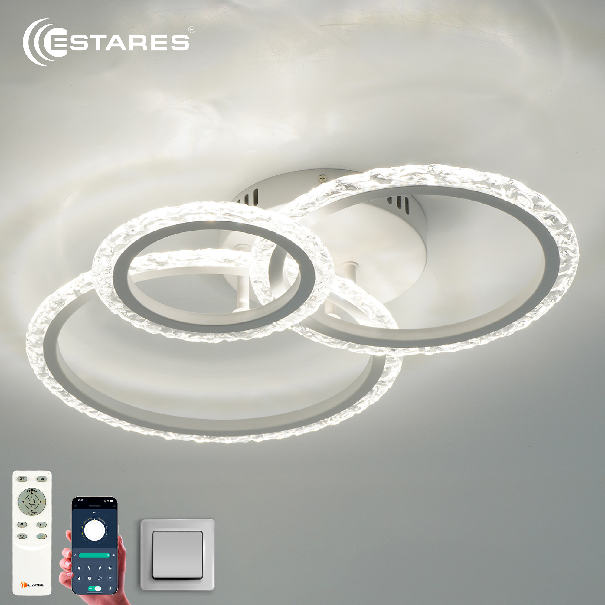 Управляемая светодиодная люстра TRIO 70W 3R APP-510x380x107-WHITE/CLEAR-220-IP20