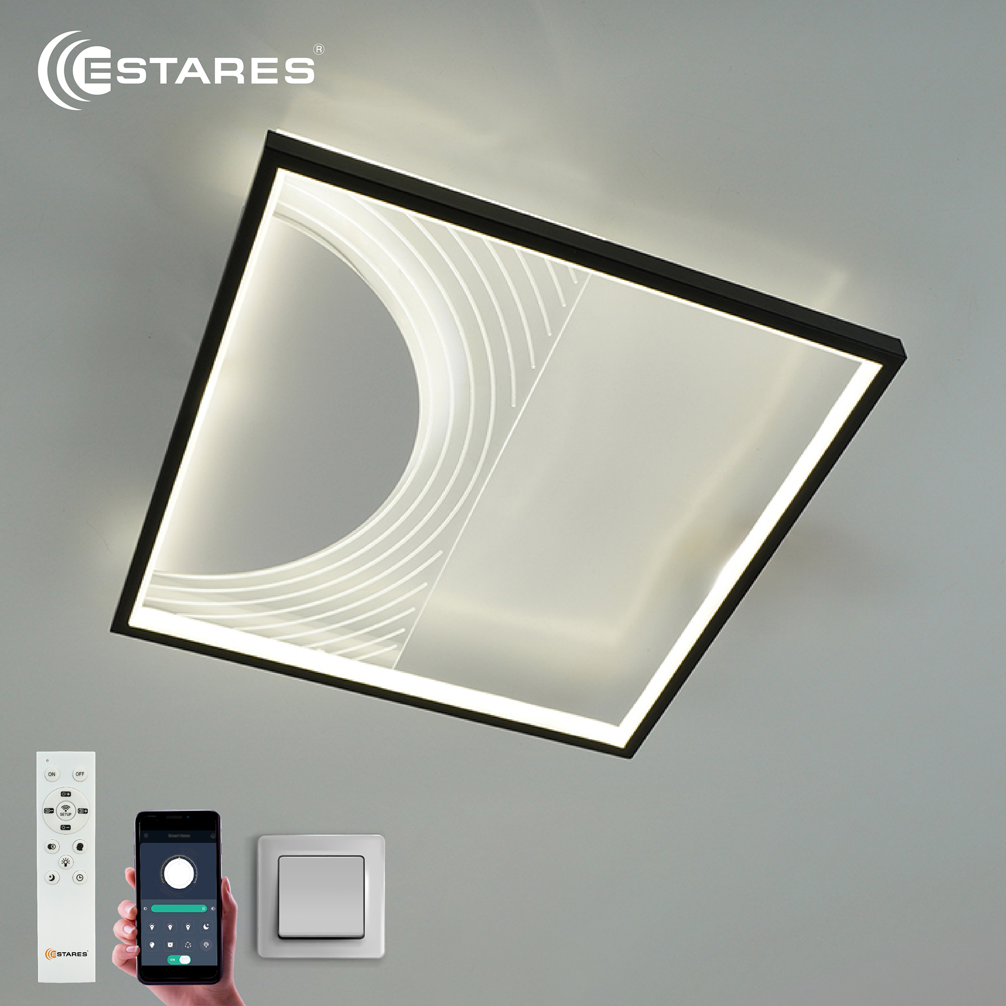  Управляемая светодиодная люстра  TELA 50W S-APP-400x400x55-BLACK//WHITE/CLEAR-220-IP20