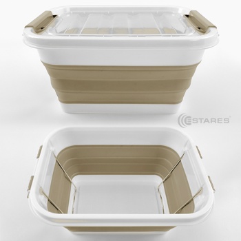Таз-контейнер с крышкой силиконовый складной es-fl-portable-10l-39x28х19(7)-white/beige
