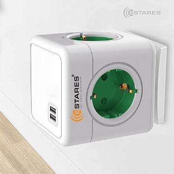 Разветвитель 4 Евро + 2 USB "COMFORT CUBE" 4G-2USB(2x2A)-green/white-Europlug