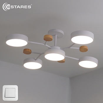 Управляемая светодиодная люстра LEVITA 75W 5R-ON/OFF-750x195-WHITE/WOOD/WHITE-220-IP20