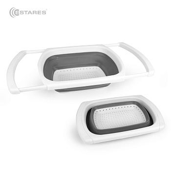 Дуршлаг складной силиконовый с телескоп. руч. ES-CL-portable-telescopic-39/60х27х12/4-white/gray