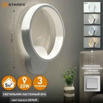 Управляемый светодиодный светильник, бра MISS 20W R-ON OFF-300x250-WHITE CLEAR-220-IP20